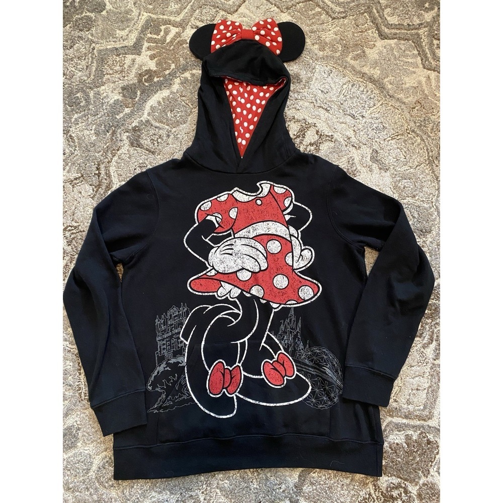 Disney Parks Womens Minnie Mouse Black Hoodie Top Mickey Ears Large Sweatshirt